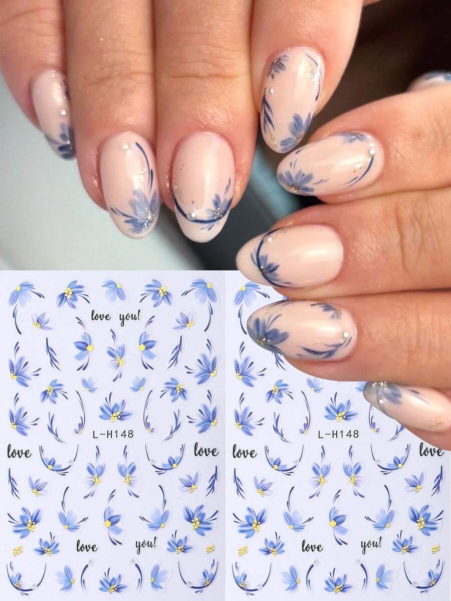 2片/套 时尚蓝色花瓣美甲贴纸,3D蓝色花瓣法式美甲贴纸,自粘美甲装饰,春夏美甲用品 - 彩色 - 查看 1