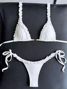 White Lace Trim 2 Pieces Bikini Set - Lace Edging, Halter Tie, Simple Elegant Swimwear For Vacation And Wedding Events - White - View 9