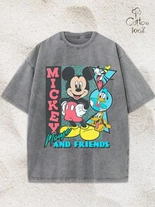 Disney Mickey Mouse And Friends Retro 90s Washed Graphic Oversized T-Shirt, 100% Cotton Vintage Disney Cartoon Tee For Men/Women - Xám - Xem 1