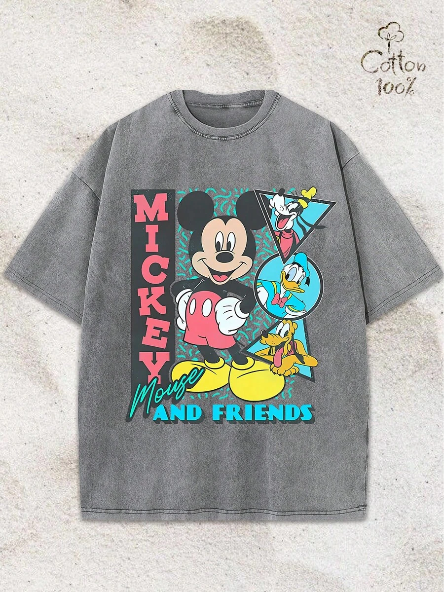 Disney Mickey Mouse And Friends Retro 90s Washed Graphic Oversized T-Shirt, 100% Cotton Vintage Disney Cartoon Tee For Men/Women - Xám - Xem 1