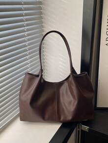 新款柔软皮革大容量手提包，适合课堂通勤，独特设计单肩腋下包 - 咖啡棕 - 查看 10