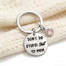 趣味妈妈礼物钥匙扣 - “别做傻事，妈妈”刻字不锈钢钥匙圈，配粉色水晶吊坠 - 来自女儿或儿子的创意生日、母亲节、圣诞节礼物 - Old Gold - 查看 4