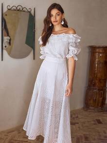 Simplee 女士夏季新款法式优雅白色镂空刺绣长裙两件套，露肩泡泡袖荷叶边设计，适合婚礼宾客、下午茶、花园派对、夏季度假等场合。 - 白色 - 查看 1