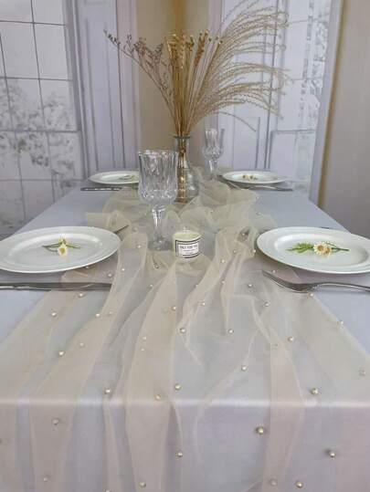 بطانة طاولة عيد الحب اللؤلؤية 10 أقدام، 30 * 120 بوصة شمبانيا/أبيض بوهيمي ريفي من التل والدانتيل لتزيين طاولة الربيع والصيف وحفلات عيد الميلاد وحفلات الزفاف