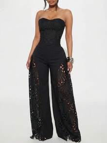 Sexy Lace Splicing Sheer Lingerie Set, Includes Top And Long Pants For Women Black - Black - View 4