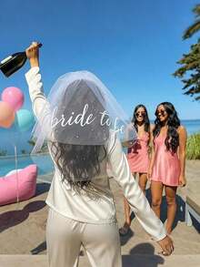 1pc Bridal Veil For Bachelorette Party| Embroidered Double-Layer White Lettered Veil With Comb Photo Accessories, Romantic Style - 彩色 - 查看 4