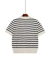 Women's Contrast Stripe Polo Collar Knit Button Front Fitted Short Sleeve Top - Multicolor - View 6