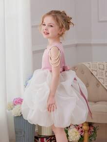 Young Girls Pearl Chain White Mesh Elegant Party Dress, Princess Dress, Pink Dress, Suitable For Girls Birthday Party, Prom, Wedding Flower Girl, Graduation, Casual Outings - Pink - View 11
