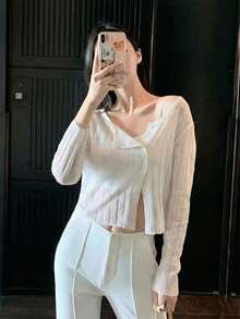 女士轻薄透视长袖短款罩衫，休闲薄针织透视罩衫 - 白色 - 查看 6