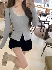 女士灰色蕾丝拼接露背针织开衫，春夏新款，修身显瘦版型，长袖轻薄毛衣 - 灰色 - 查看 3
