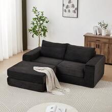 Sofá cama 2 en 1 de pana con dos almohadas, reposabrazos cuadrados clásicos y reposapiés extraíble. Sofá modular con configuración flexible. - Negro - Ver 1