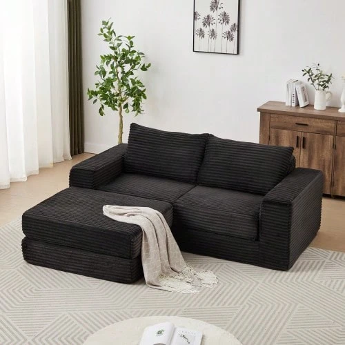 Sofá cama 2 en 1 de pana con dos almohadas, reposabrazos cuadrados clásicos y reposapiés extraíble. Sofá modular con configuración flexible. - Negro - Ver 1