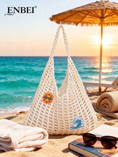  ENBEI 2026 Fashion Spring/Summer Women's Retro Vacation Style Beach Bag, Handwoven Shoulder Strap Crochet Floral Large Capacity Foldable Hollow-Out Elegant Tote Bag, Travel Essential, Suitable For Dates, Outings, Shopping, Vacations, Sightseeing, Perfect Gift For Mother's Day, Valentine's Day Or Teacher's Day