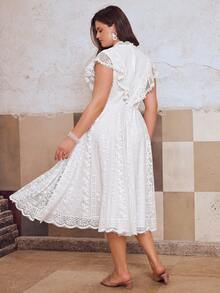 Simplee Vestido largo blanco sin mangas, elegante y nuevo para verano para mujer de talla grande, con volantes de encaje, falda amplia vintage, adecuado para boda, fiesta de cumpleaños, cita, vacaciones, graduación - Blanco - Ver 9