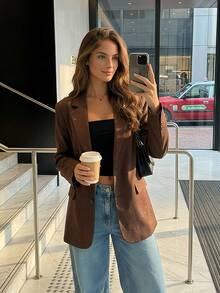Black Rhinestone Embellished Blazer Jacket, Unique Design Casual Chic Outerwear For Women, Spring Autumn - Coffee Brown - View 2