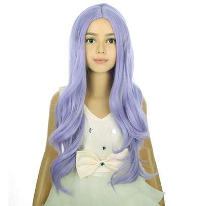 Synthetic Long Wavy Middle-Parted Full Wig, Lace Front Bangs, Purple-Grey Color