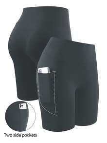 Quần yoga cỡ lớn có túi hình lưỡi liềm, quần short đạp xe co giãn mềm mại, quần short Bermuda mặc hàng ngày cho nữ chơi thể thao mùa hè. - Màu xám đen - Xem 6