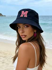 1pc Foldable Soft Brim Women's Sun Hat With 26 English Letter Pattern, UV Protection Outdoor Camping Hiking Beach Bucket Hat, Spring/Summer - Navy Blue - View 6