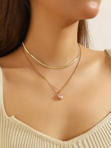 1pc Pink Elegant Heart-Shaped Water Drop Oval Copper Pendant Necklace, Stainless Steel Gold Double Layer Necklace, Sparkling Cubic Zirconia Decoration, Suitable For Girls And Women Daily Wear, Dating, Holiday, Valentine's Day Gift - Gold - View 2
