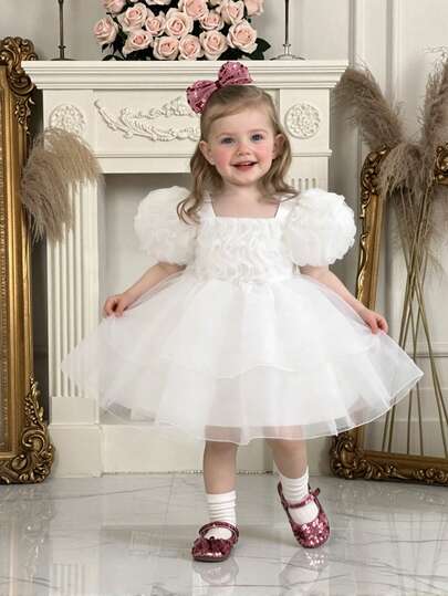 Baby Girls' Puff Sleeve Ruffle Tulle Cute Wedding Flower Girl Dress, Suitable For Birthday Party, Outdoor Activities, Excluding Headband