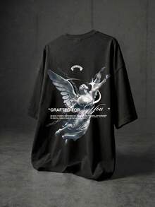 Men's Handmade Custom Letter Slogan Angel Statue Graphic T-Shirt, Summer Street Fashion Renaissance Gothic Style Black - Black - View 2