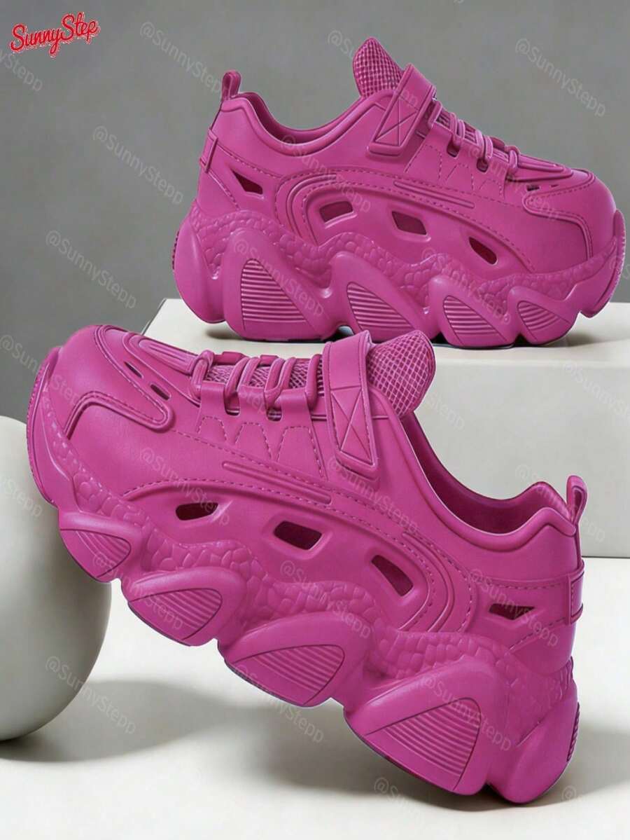 Zapatillas deportivas de estilo moderno ligeras sin fatiga moldeadas de forma integral con suela elevada amortiguadora para looks casuales y deportivos - Rosa Fucsia - Ver 1