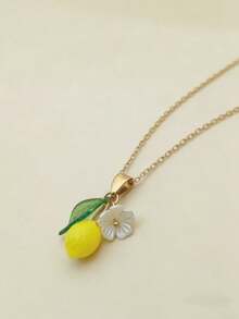 1pc Refreshing & Cute Resin Lemon Flower Pendant Necklace, Sweet Jewelry Gift For Women's Daily Wear - Yellow - View 4