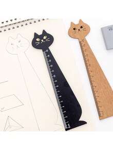 1 pieza Regla de gato de dibujos animados creativa, regla de madera linda, regla recta de papelería retro, suministros de aprendizaje - A - Ver 1