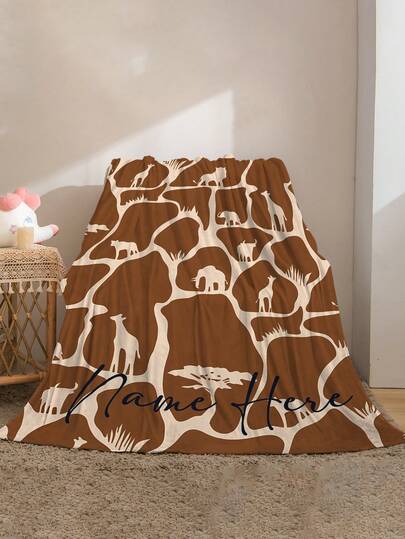 1pc Customizable African Savanna Themed Blanket, Personalized With Name, Nickname, Lucky Number, Giraffe Patterned Background With Silhouettes Of Giraffe, Lion, Elephant, Made Of Knitted Flannel Fabric With Digital Printing, Comfortable And Warm For All Seasons, Suitable For Sofa, Bed, Travel, Camping, Office - Easy Care, Great For Relaxation, Camping And Travel.