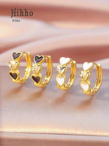 Hihho 1 Pair Warm & Sweet Copper Gold Hoop Earrings, Zirconia Accented Enamel Heart Shaped Earrings, Suitable For Daily Wear And Holiday Gift - Heart-shaped Earrings - View 4