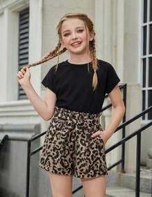 Girls 2 Piece Summer Outfit Drop Shoulder Batwing Sleeve Top & Paperbag Waist Shorts Set 6-14 - Black+Leopard - View 4