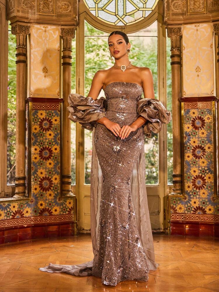 Faeriesty Women's Elegant Strapless Dress With Puff Sleeves, Adorned With Shimmering Sequins And Beaded Embellishments, Full-Length Cut Suitable For Formal Weddings, Red Carpet Events, Galas And Luxury Banquets Party Spring - Coffee Brown - View 7