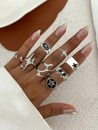 8pcs Vintage Punk Chic Hiphop Elegant Five-Pointed Star Open Ring Set, Unique Design Unisex Rings For Daily, Party, Festival Wear, Versatile Fashionable Accessories, Birthday/Holiday Gift