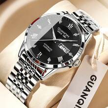 1 pièce Montre GUANQIN étanche et lumineuse, calendrier double, cadran serti de diamants, bracelet en acier inoxydable résistant aux rayures. Montre mécanique à remontage automatique de mode, de luxe, sportive et classique minimaliste pour hommes. Convient pour la Saint-Valentin, les vacances, les sorties, les affaires, le port quotidien, les cadeaux - Or rose - Voir 2