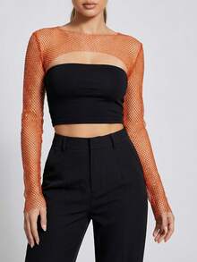 春夏女式超短款罗纹网纱长袖橙色上衣，圆领，透视细节，特别适合音乐节、夜店或主题派对，时尚达人追求大胆层次感，也适合音乐节、夜店派对、泳池派对、夏季主题活动和时尚摄影。 - 橘色 - 查看 3