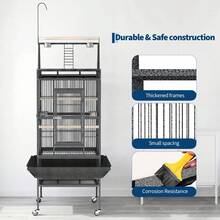 strundghti Parrot Cage, 82inch Rolling Bird Cage, Spacious Flight Bird Cage, With Feed Bowls, Playground And Rope Perch, For Parakeets, Cockatiels, Conures - màu đen - Xem 5