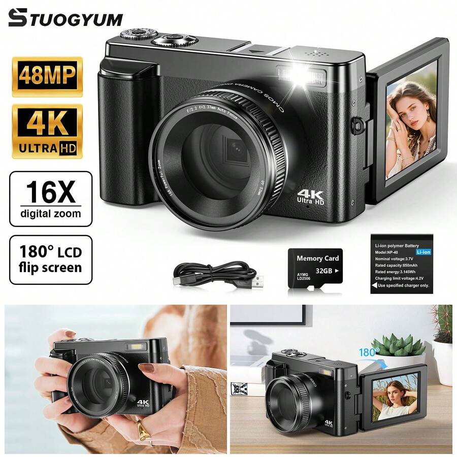 Cámara STUOGYUM 4K, 48MP, Zoom digital 16X, Pantalla de 3" giratoria 180°, Estabilización de imagen, Flash incorporado, Incluye filtro UV, Tarjeta de memoria de 32GB y 1 batería, Ideal para vlogging, transmisión en vivo y principiantes en fotografía