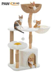 PAWZ Road 48.5'' Modern Cat Tree Solid Wood Cat Tower For Indoor Cats With Luxury Cat Condo, Cozy Hammock, Scratching Post, Rattan Perch And Flower Cat Bed For Large Cats Adult, White - 白色 - 查看 10
