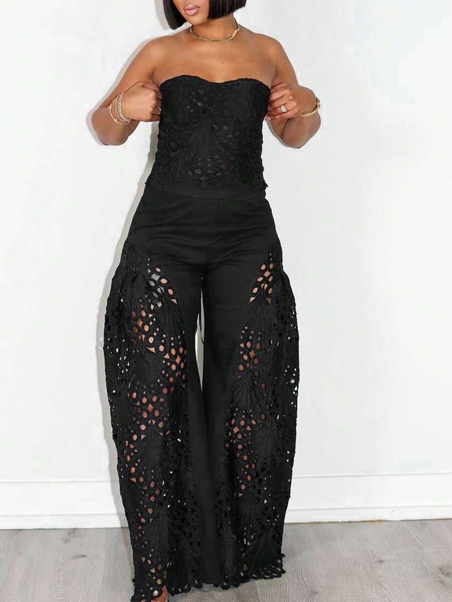 Sexy Lace Splicing Sheer Lingerie Set, Includes Top And Long Pants For Women Black - Black - View 1