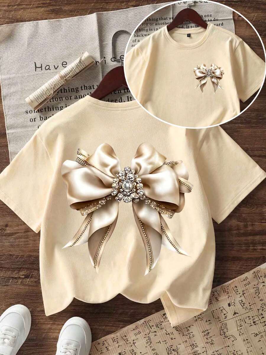 Tween Girls' Casual Funny Print Crew Neck Short Sleeve T-Shirt, Summer Top - Apricot - View 1