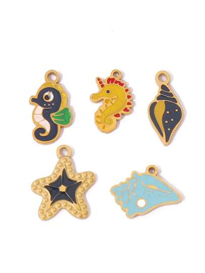 2 piezas de colgantes de acero inoxidable esmaltados con diseños de caballito de mar y concha, chapados en oro de 18K, para hacer manualidades y accesorios de joyería