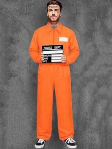 1 Set Halloween Cosplay Prisoner Costume, Inmate Outfit, Prison Uniform, Orange Convict Suit - Burnt Orange - View 3
