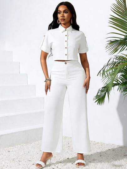 Conjunto De Dos Piezas De Color Liso Para Mujer Con Tops De Manga Corta Elegante y Pantalones De Pierna Ancha