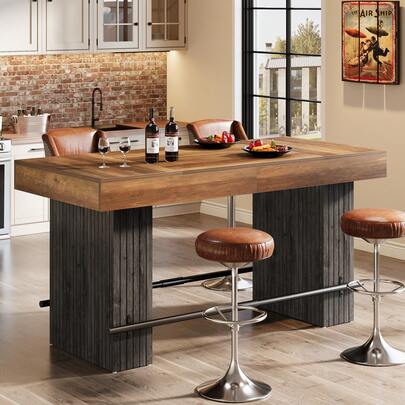 LITTLE TREE Home Bar Unit, 55.12-Inch Bar Table With A Spacious Tabletop, Modern Freestanding Mini Bar For Home Kitchen, Living Room, Balcony, Basement, Walnut & Black