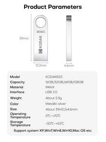 Kodak 柯达 K820 迷你金属 USB 闪存盘，带挂绳，可作钥匙扣使用，USB 2.0 接口，容量可选 32GB、64GB 或 128GB，适用于汽车、笔记本电脑、台式机和 MacBook。 - 銀色 - 查看 7