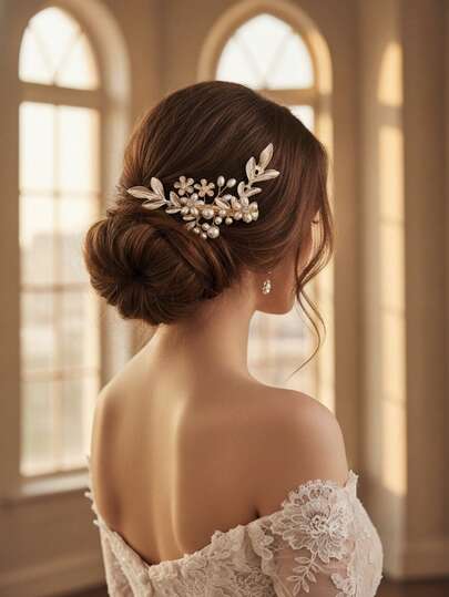 1PC Vintage Floral Hair Clip - Elegant Gold-Tone Flower Headpiece With Faux Pearl & Rhinestone Accents, Handmade Bridal Hair Jewelry For Weddings, Parties & Gifting