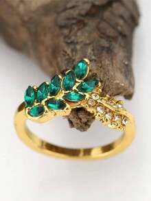 1枚流行女士时尚优雅绿色锆石叶形精致奢华戒指，婚礼订婚派对珠宝礼物 - 綠色 - 查看 2