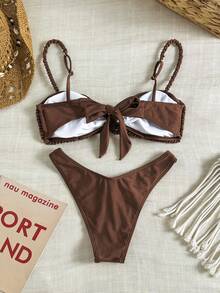 Bikinx 女士高弹力比基尼套装，时尚细肩带，贝壳扣细节，露背款式 - 棕色 - 查看 5