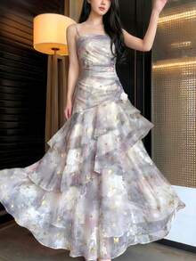 优雅亮片印花雪纺派对连衣裙，女士新款返校舞会吊带荷叶边仙女裙，修身生日套装，茶会睡袍，春夏款 - 紫色 - 查看 5