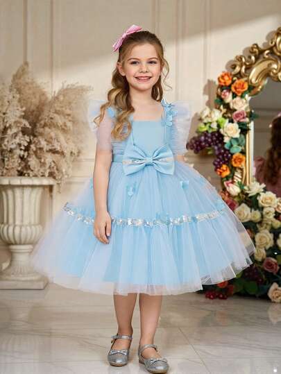 Young Girls' Thick Strap Sequin 3D Butterfly Tulle Elegant Birthday Party Dress, Suitable For Wedding, Prom, Important Occasions, Does Not Include Headband